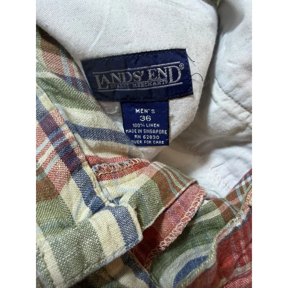 Lands End Linen Shorts Mens 36 Plaid Vintage Prep Summer Lightweight